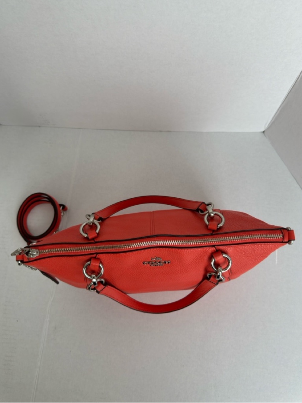 Coach Coral Red Pebbled Leather Satchel Crossbody Shoulder Bag Zip Top Classic - Picture 5 of 13